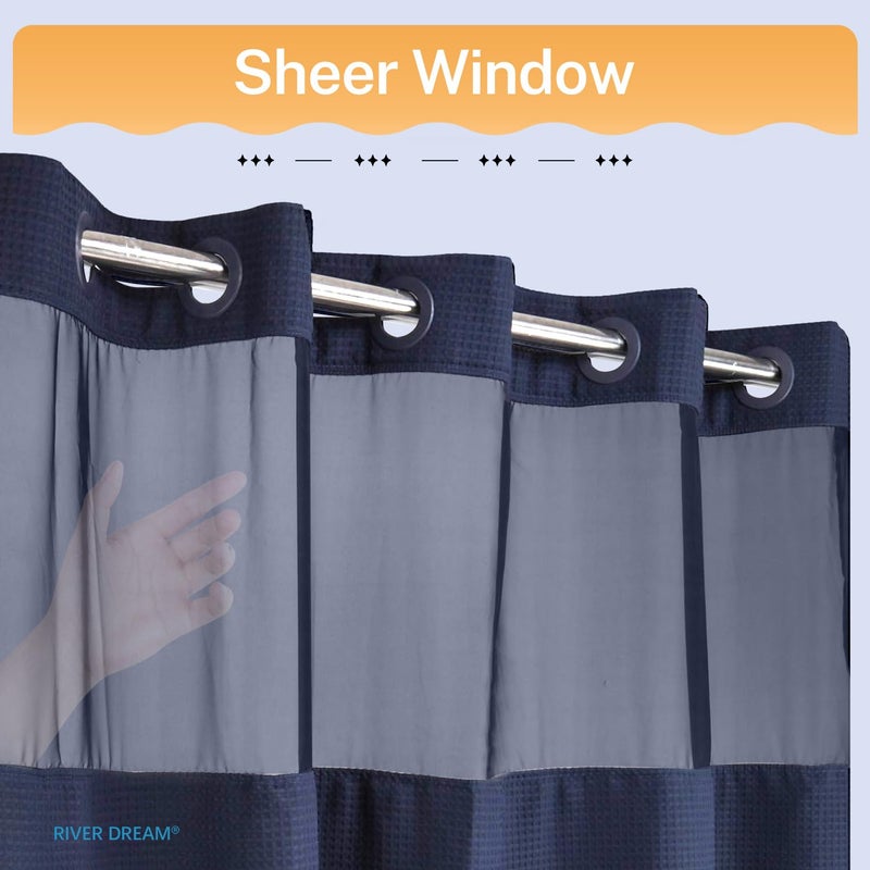 River Dream Heavyweight No Hooks Required Dotted Waffle Weave Shower Curtain with Snap in Liner -Extra Long 71W x 86H,Hotel Grade,Spa Like Bath Curtain,Navy - Image 3